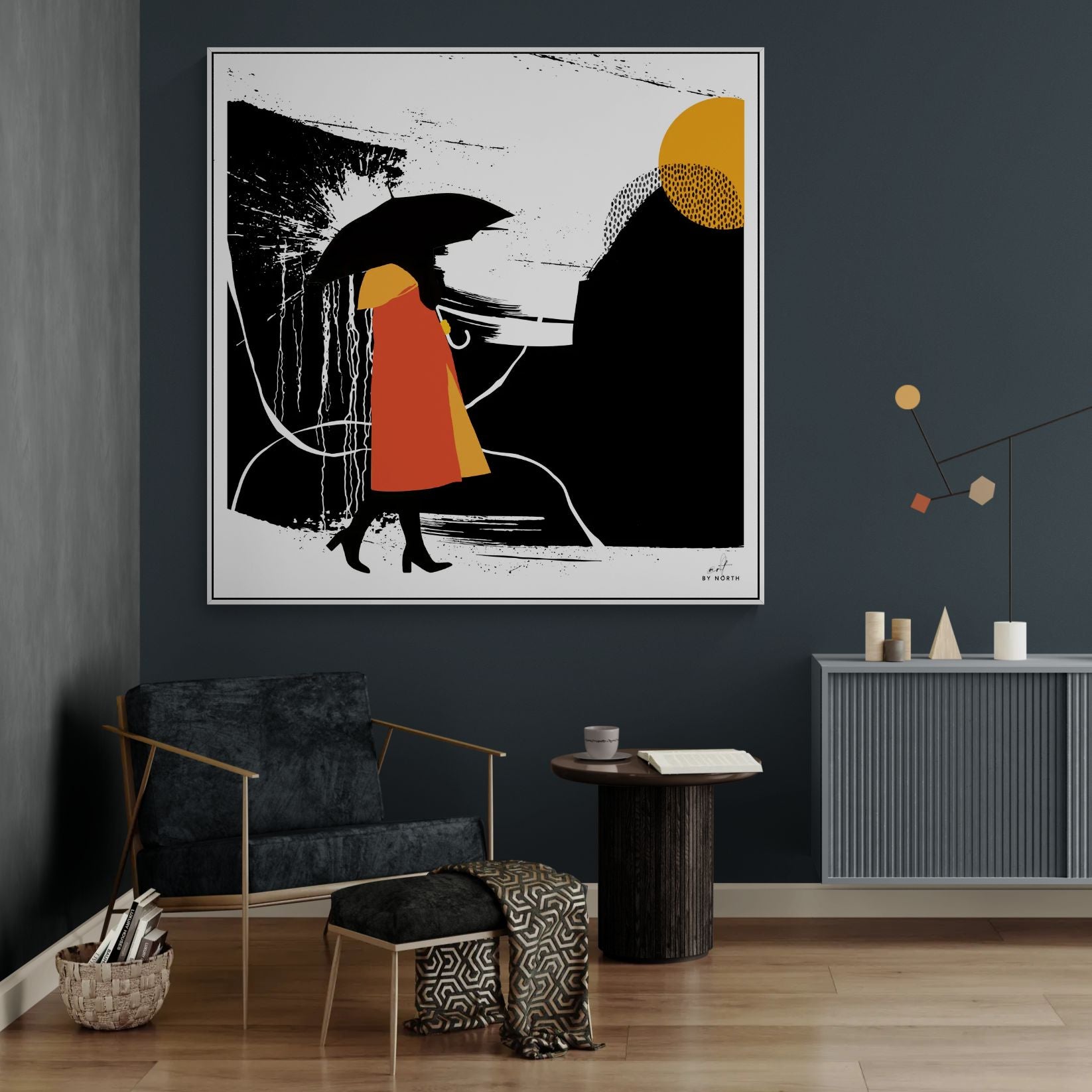 graphic silhouette canvas wall art with woman figure and graphic contrast in contemporary interior