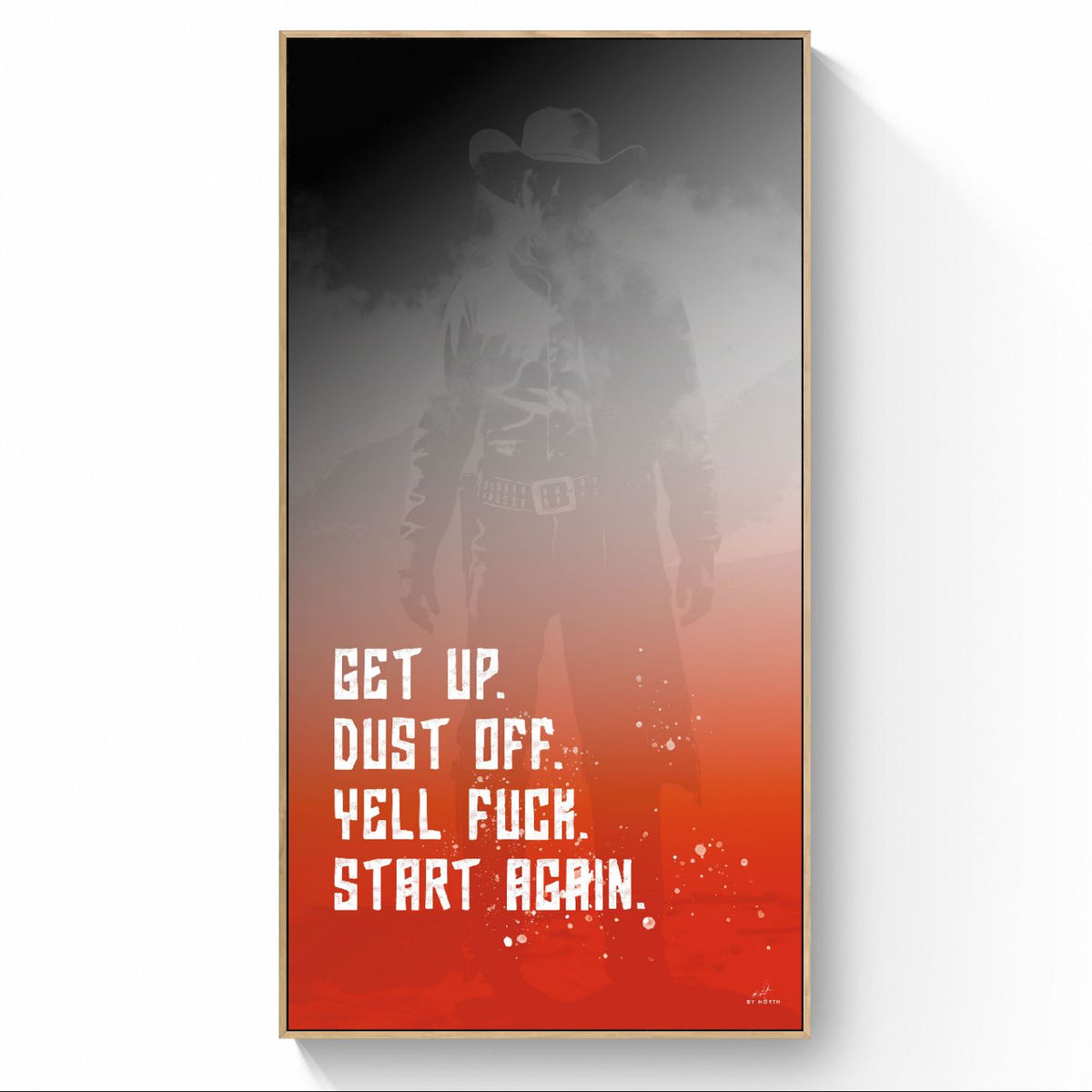 typography canvas wall art with oak floater frame in warm modern interior