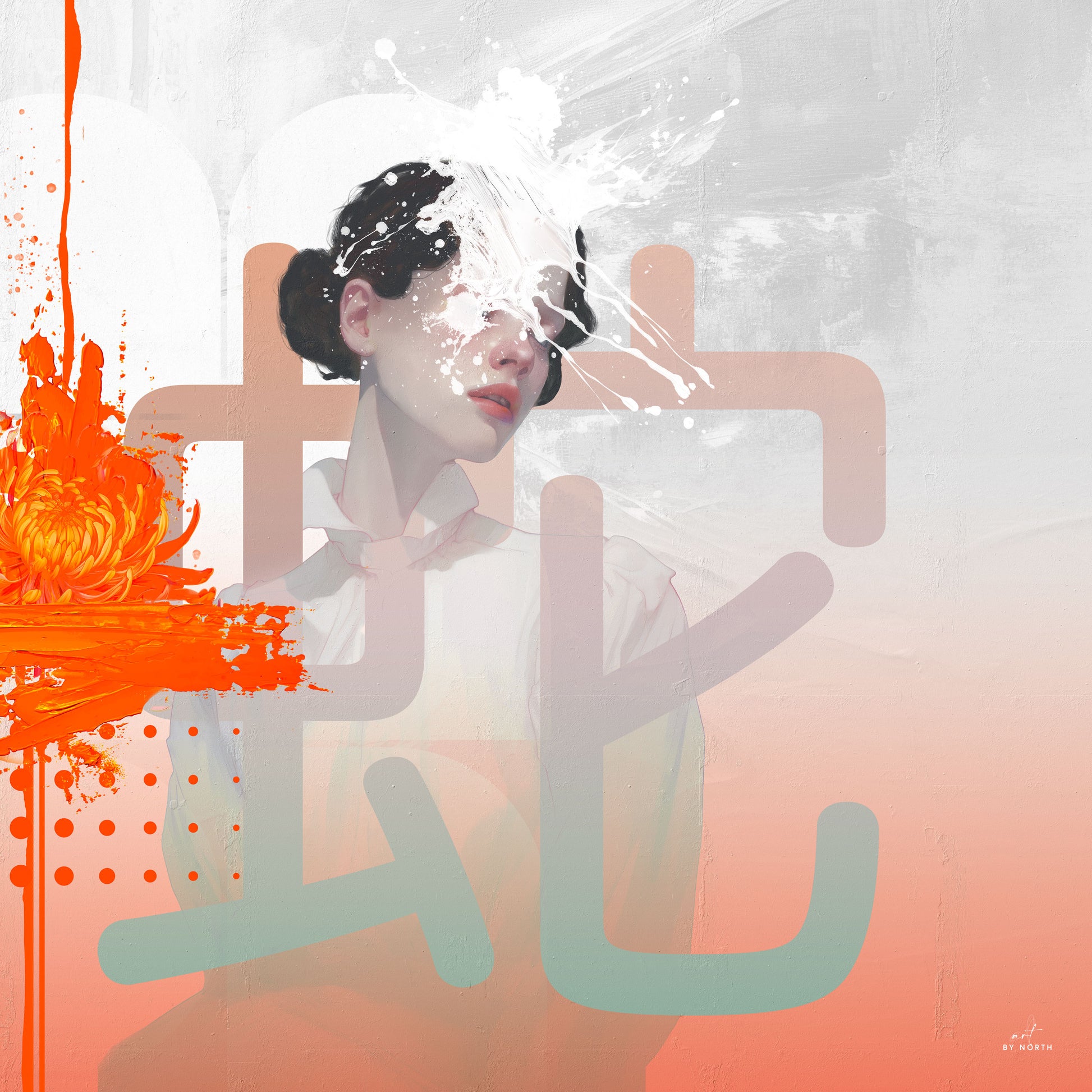 modern wall art with figurative portrait bold orange splash and graphic abstract elements