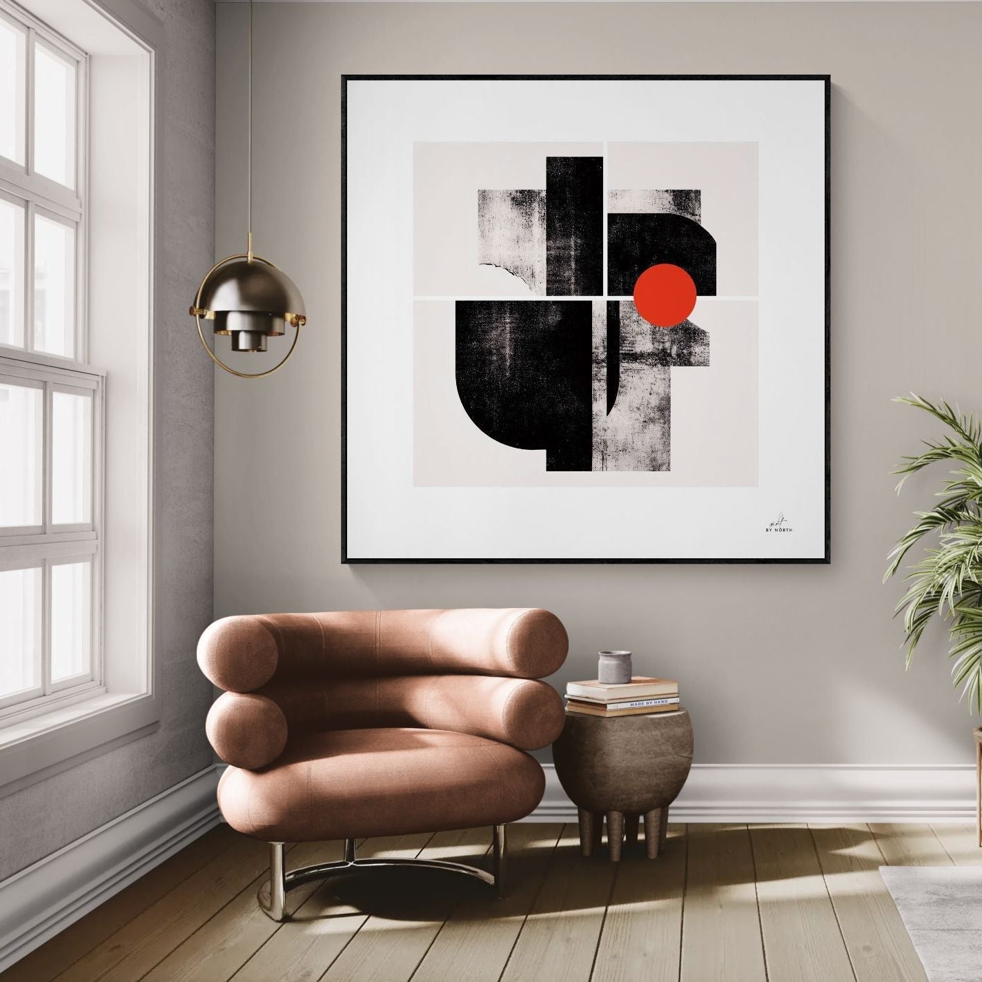 modern abstract canvas print wall art in lounge interior with warm tones and contemporary furniture