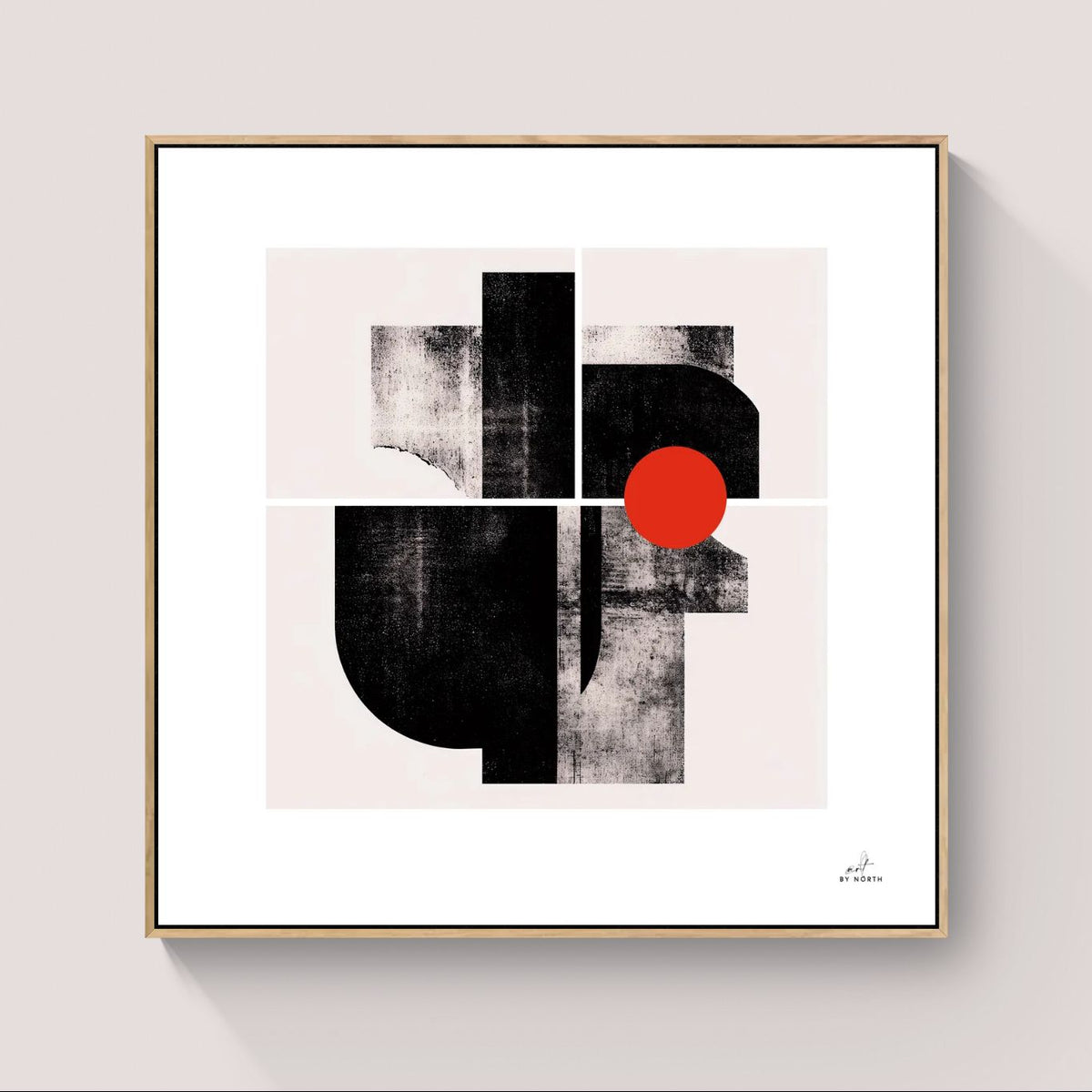 abstract black and red canvas print wall art with oak frame in Scandinavian style interior