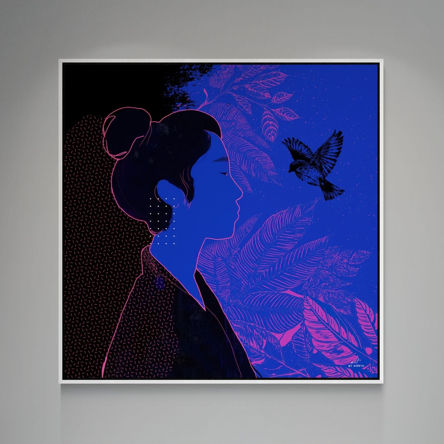 figurative silhouette canvas wall art with white floater frame on light grey wall