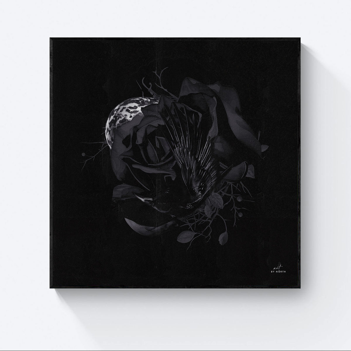 surreal dark canvas wall art with black floater frame on neutral wall