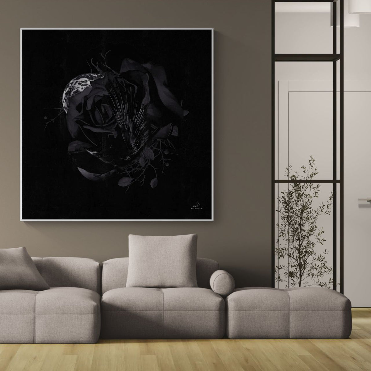 surreal dark canvas wall art with crow and botanical details in modern living room with stylish interior