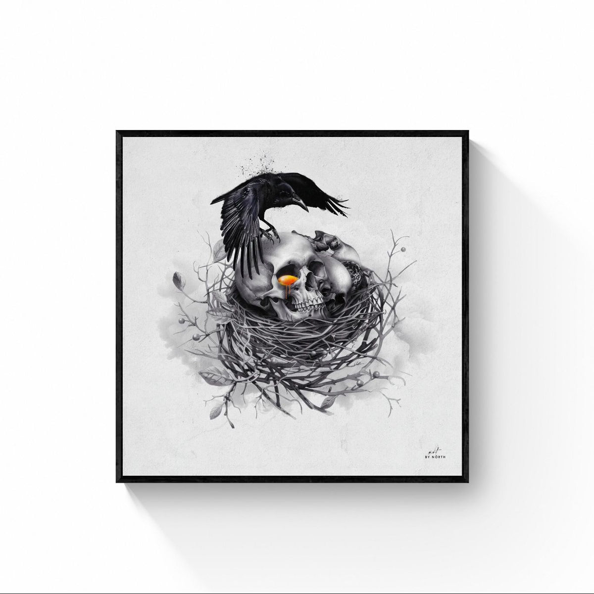 surreal skull canvas wall art with black floater frame on neutral wall