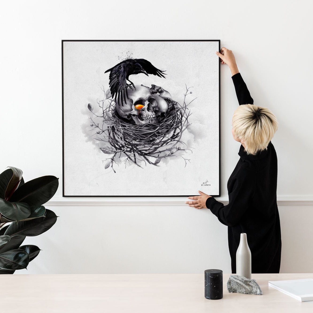 surreal skull canvas wall art in modern bright space with minimal decor and contemporary setting